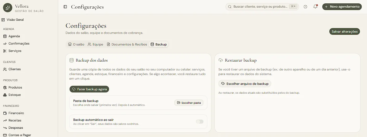 Backup dos dados no Vellora